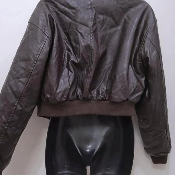 Cropped Leather Brown Sherpa Fleece Winter Jacket - Picture 6 of 6